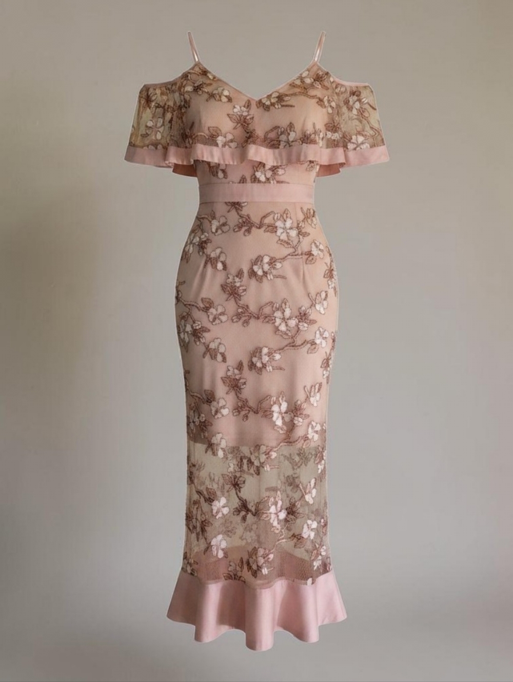 Rose-Gold Embroidered, Pink Blush Midi Dress